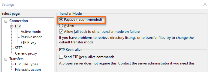 FTP Transfer mode