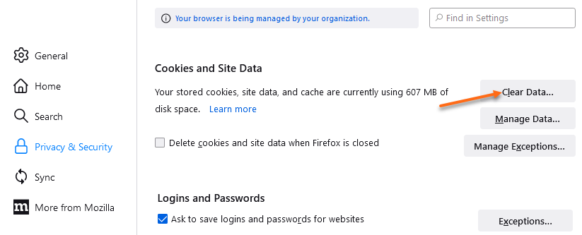 Firefox - Cookies and Site Data - Clear Data