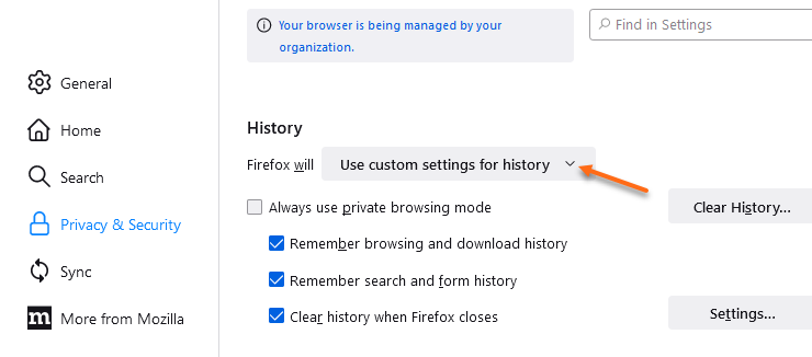 Firefox - History - Use custom settings for history