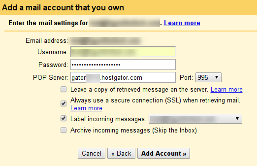 hostgator email settings gmail