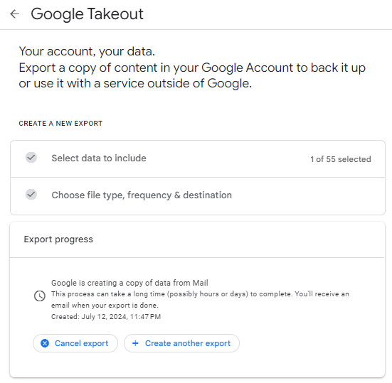 Mail Export progress