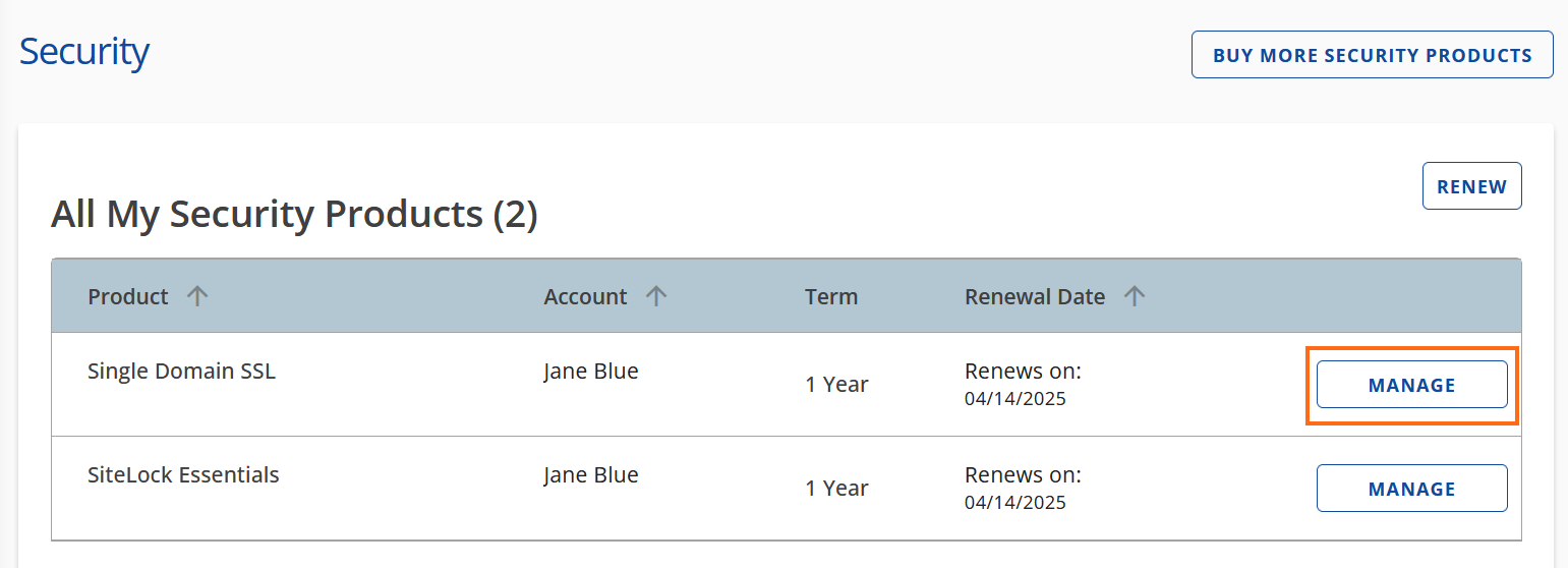 Security tab - SSL Certificates Manage
