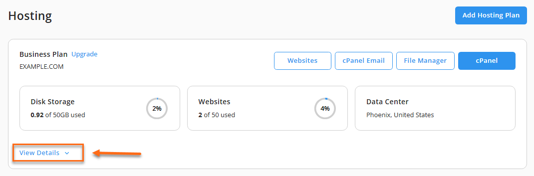 Hosting tab - View Details