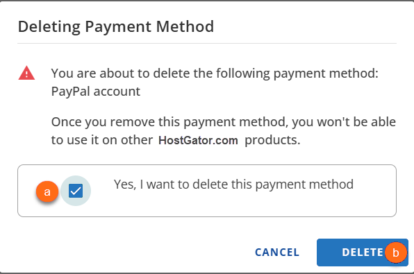 Delete Payment Method Pop-up Delete button
