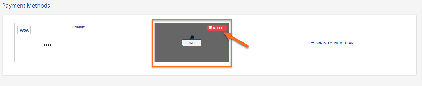 Customer Portal My Payment Methods Section Delete option