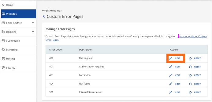Custom Error Pages - Edit