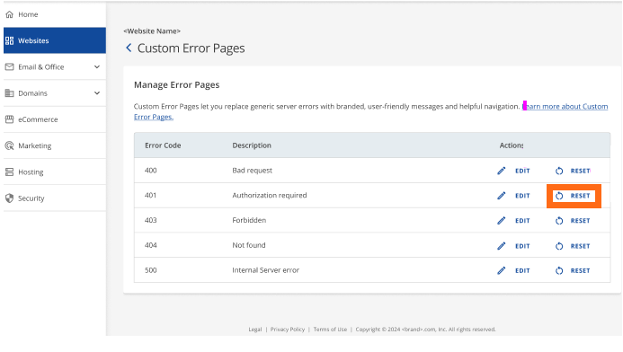 Custom Error Pages - Reset