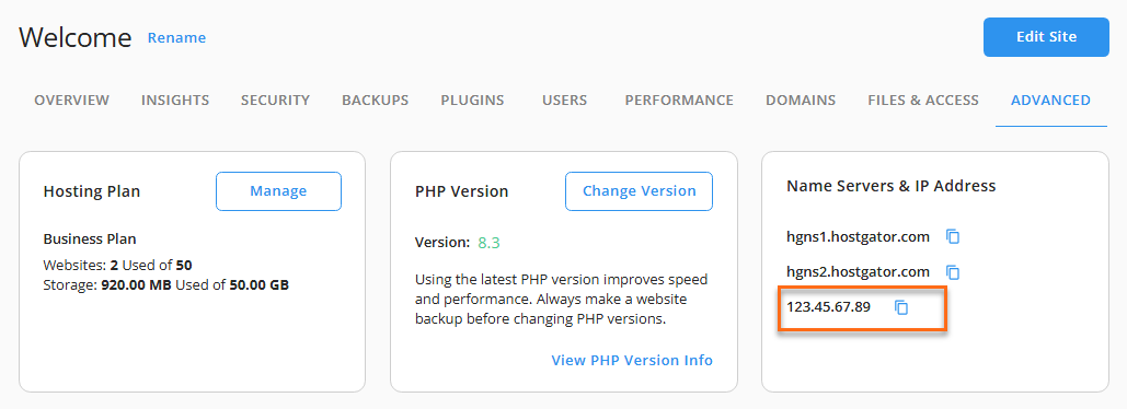 Advance Tab - Name Servers & IP Address