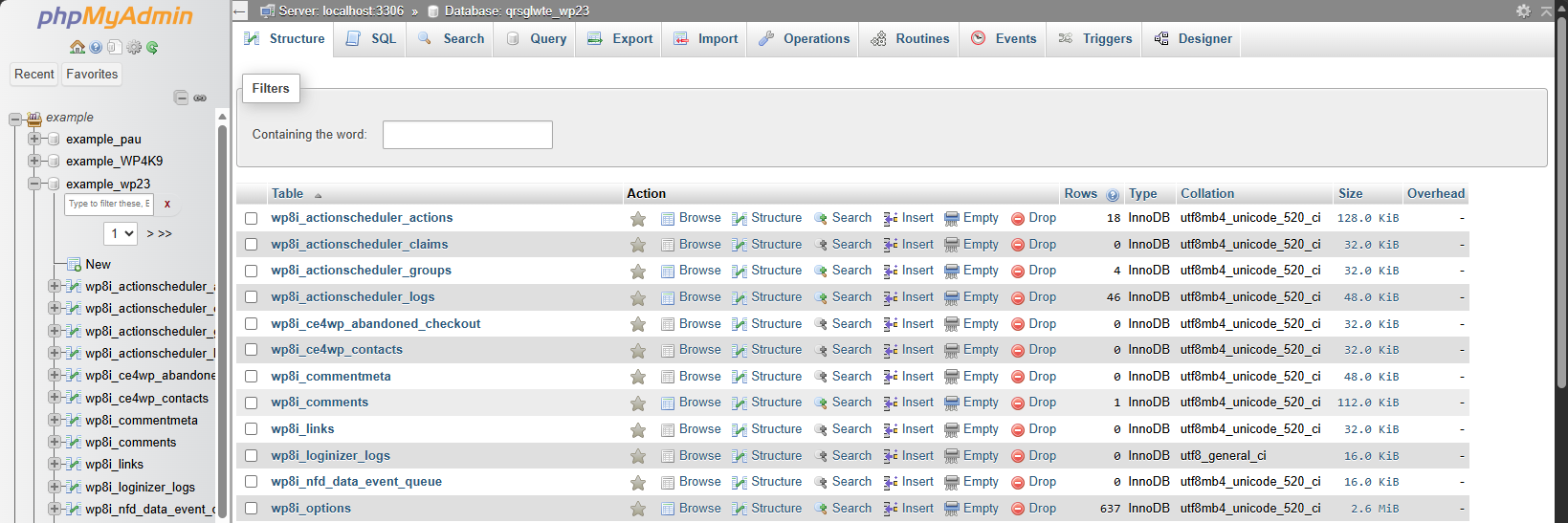 phpMyAdmin - List of Tables