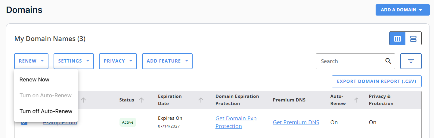 Domains - Renew - Turn on/Turn off Auto-Renew