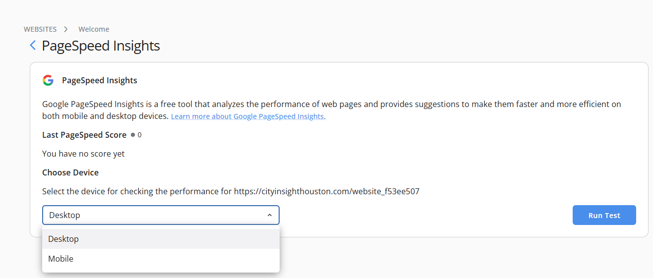 PageSpeed Insights Panel - Choose a Device Type and Run Test