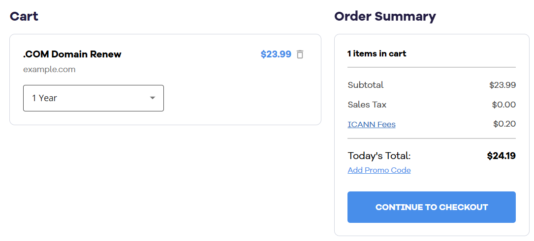 Renew my domain - Cart/Order Summary page