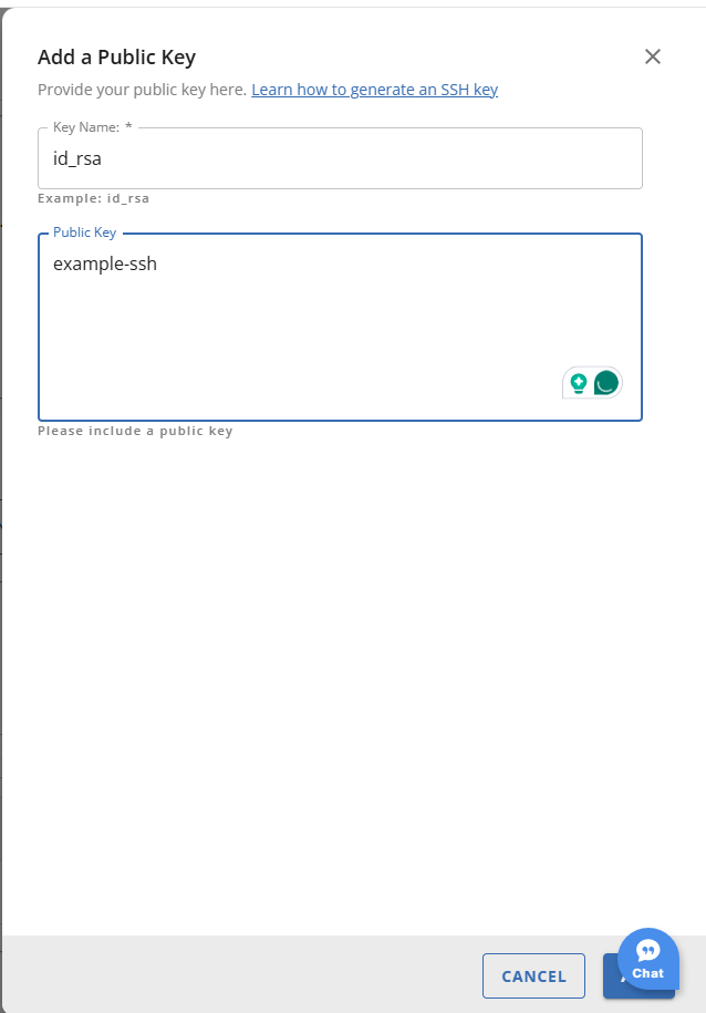 SSH Management - Enter key name and public key
