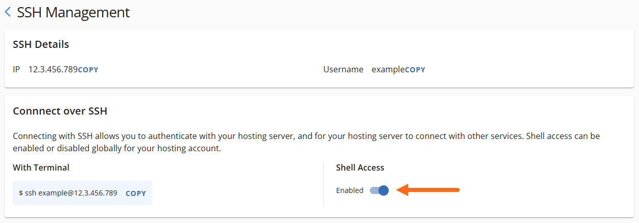 Manage SSH Keys - SSH Access toggle on or off