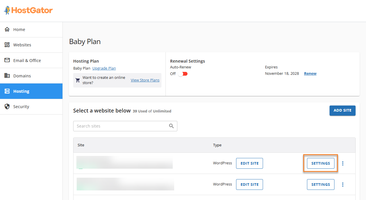 Hosting tab - Manage - Settings button