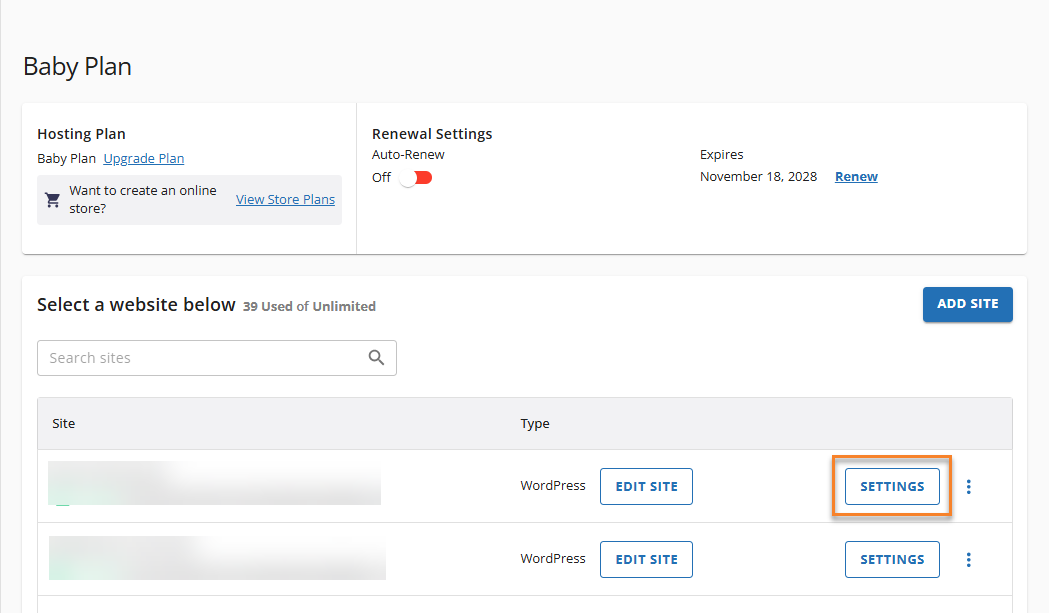 Customer Portal - Websites - Settings button