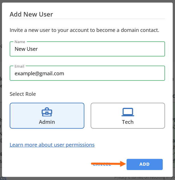 Contacts tab - Add new user
