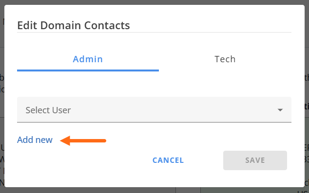 Contacts tab - Manage Admin or Tech Contacts - Add new link