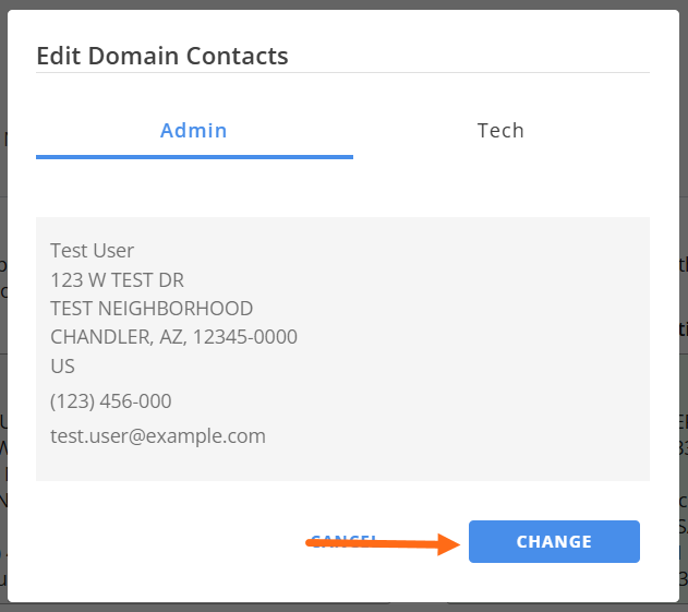 Contacts tab - Manage Admin or Tech Contacts