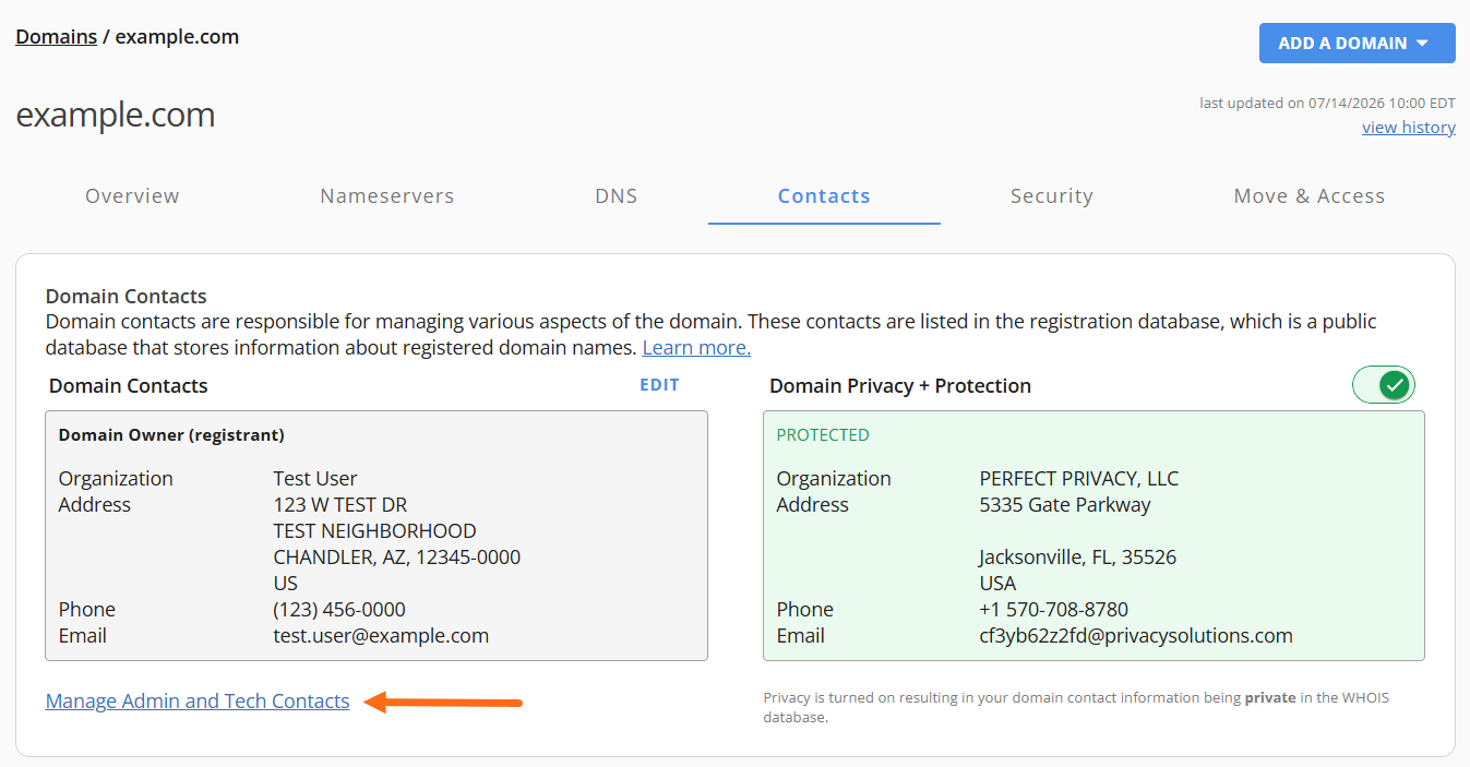 Customer Portal - Domains tab - Contacts tab