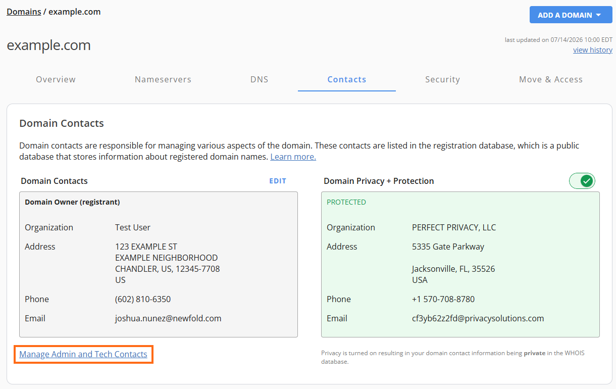 Manage Admin and Tech Contacts Link