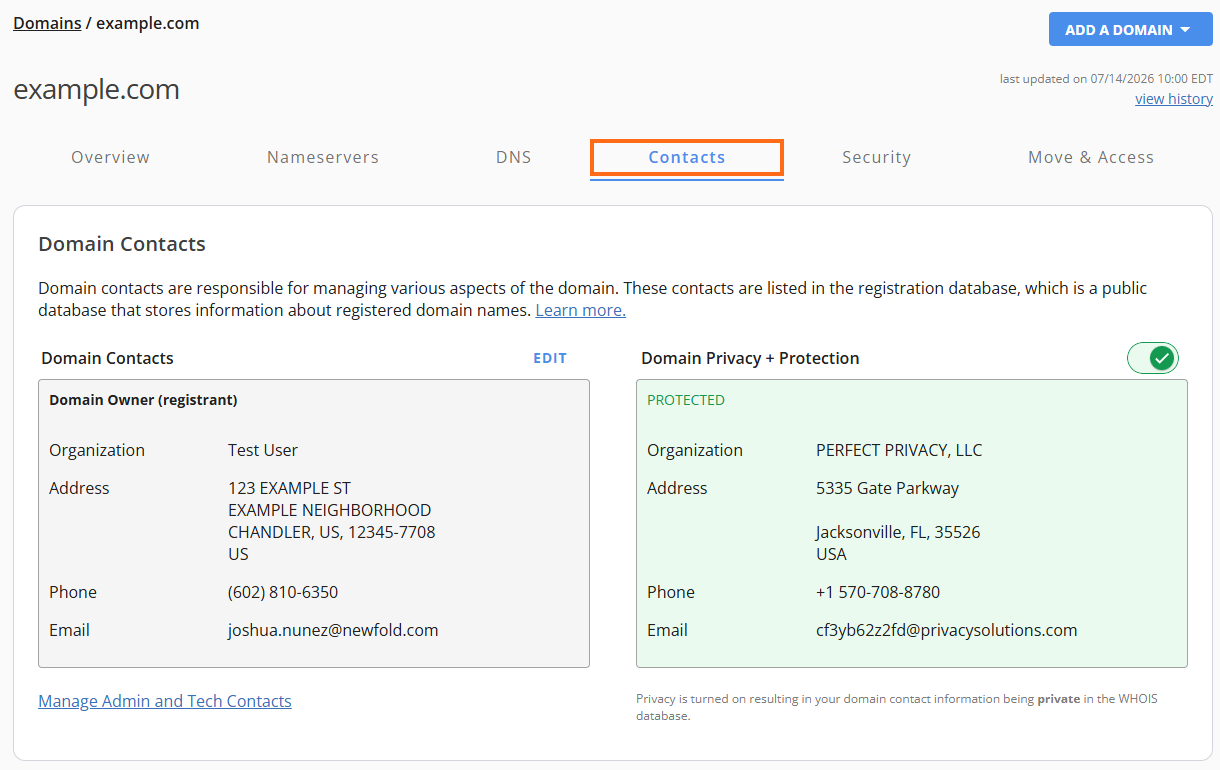 Domains tab - Domain Contacts