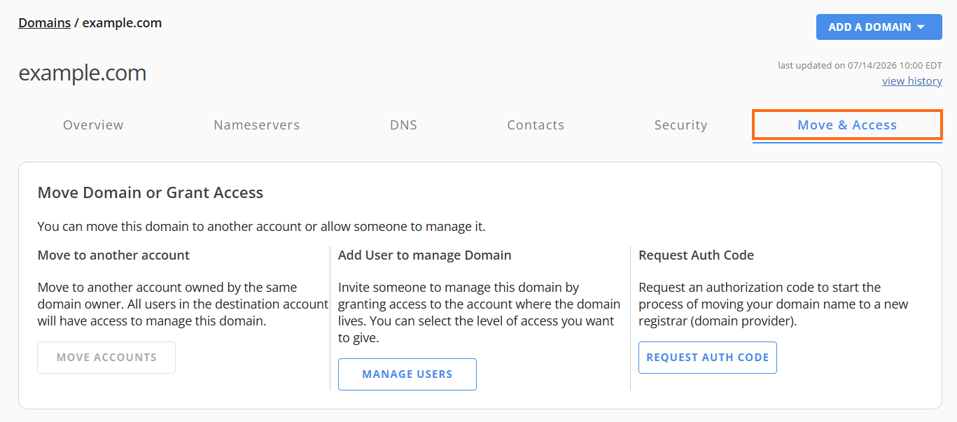 Domains tab - Domain Move & Access