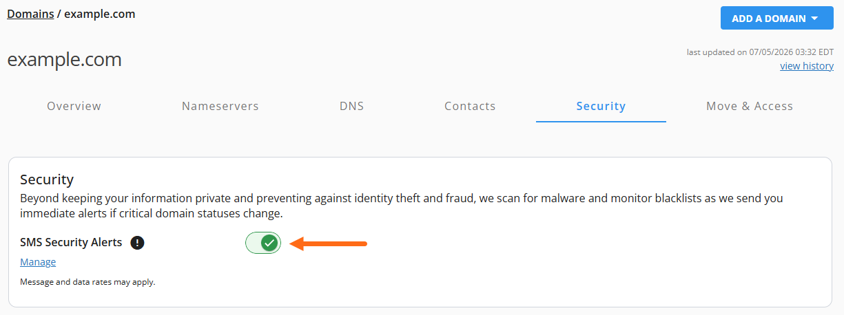 Security menu - SMS Security Alerts - Toggle