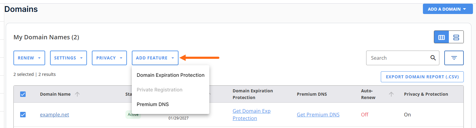 Customer Portal - Domains tab - Add Feature