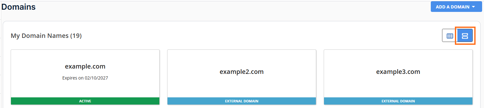 Customer Portal - Domains tab - Card View