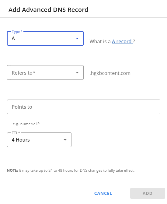 DNS tab - Add A record