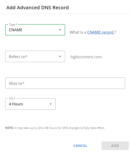 DNS tab - Add CNAME record