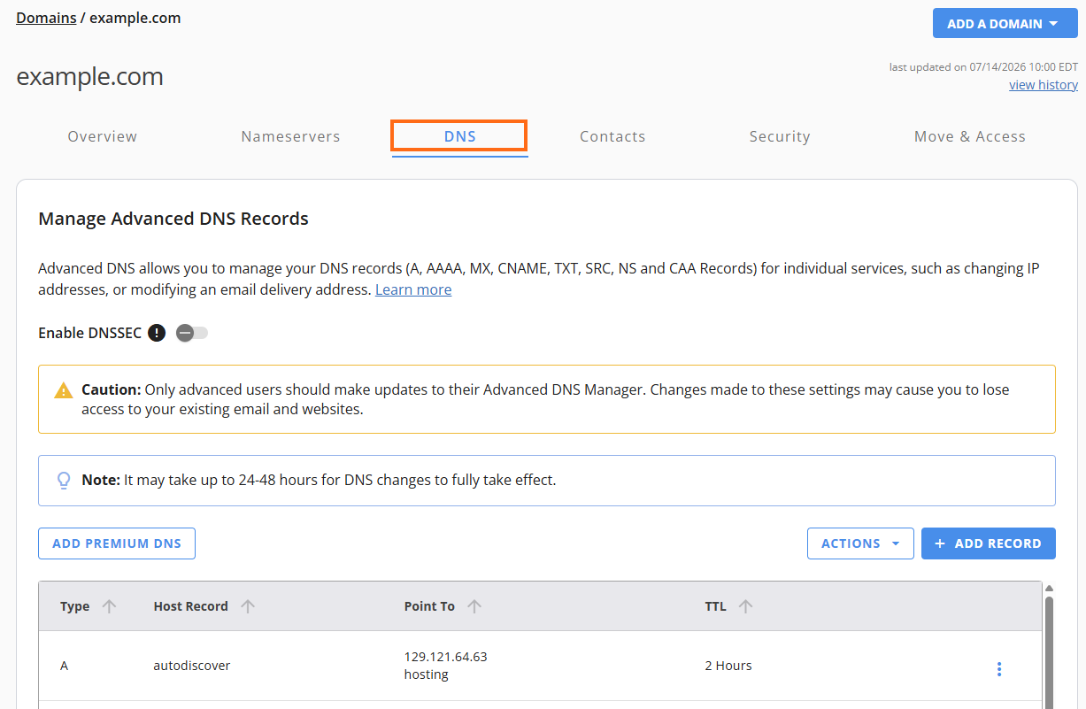 Domains tab - Domain DNS