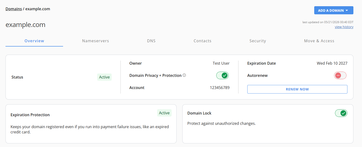Customer Portal - Domains tab Interface