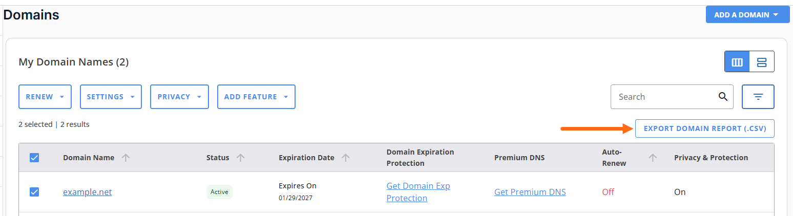 Customer Portal - Domains tab - Export Domain Report (.csv)