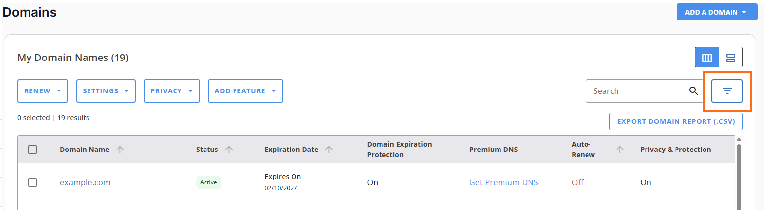 Customer Portal - Domains tab - Filter domains