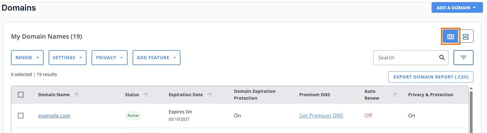 Customer Portal - Domains tab - List View