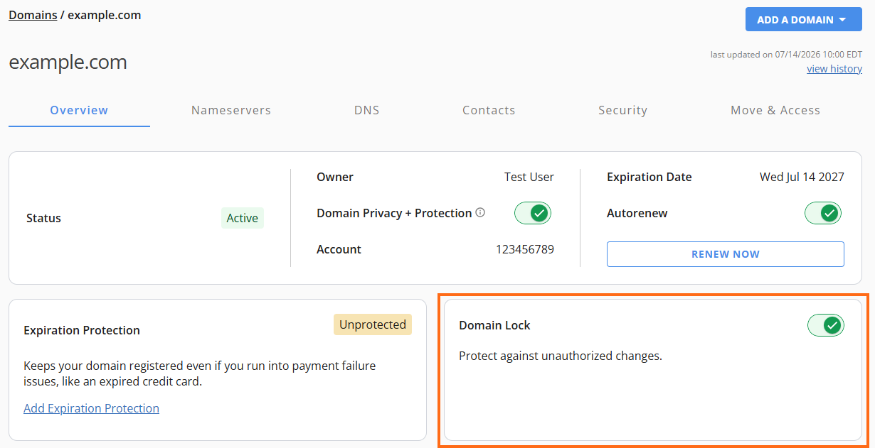 Domains tab - Domain Lock