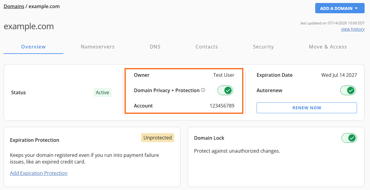 Domains Tab - Owner and Domain Privacy