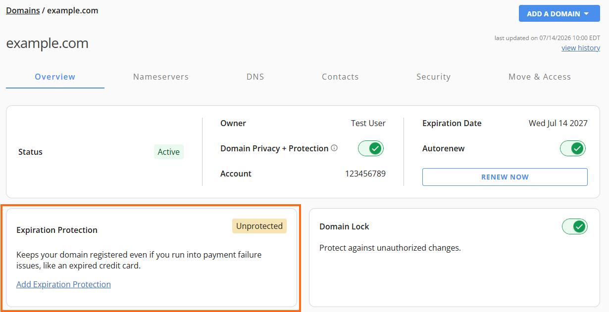 Domains tab - Expiration Protection