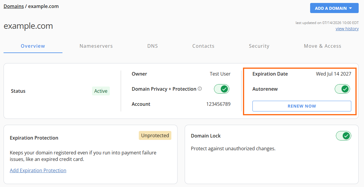Domains tab - Expiration Date and Autorenew
