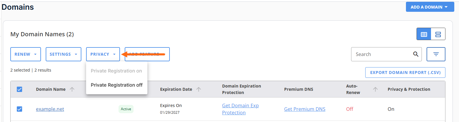 Customer Portal - Domains tab - Privacy