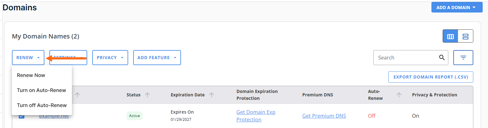 Customer Portal - Domains tab - Renew