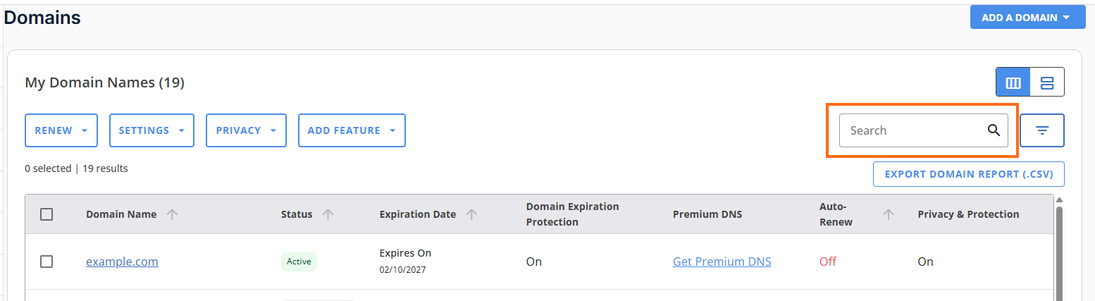 Customer Portal - Domains tab - Search box