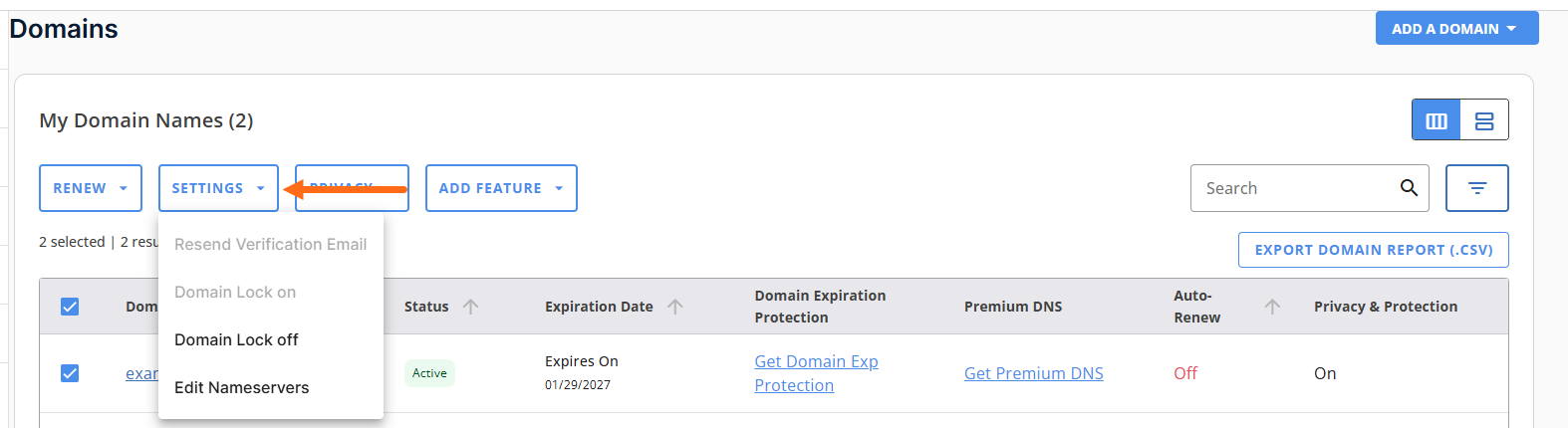 Customer Portal - Domains tab - Settings