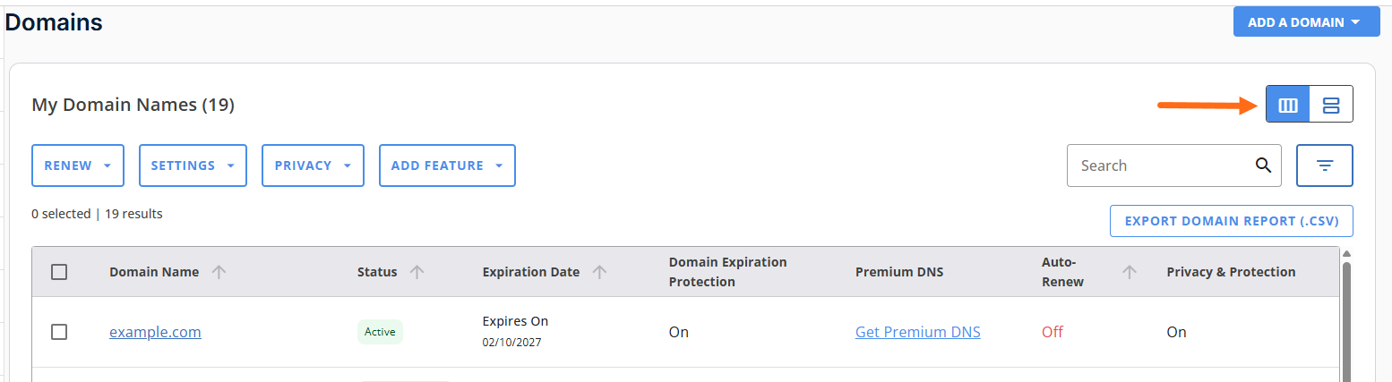 Customer Portal - Domains tab - List and Card Views