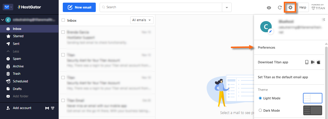 Professional Email - Settings (gear) icon - Preferences