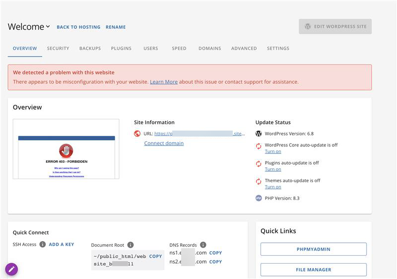 HostGator Overview Page Website Misconfiguration Error Message
