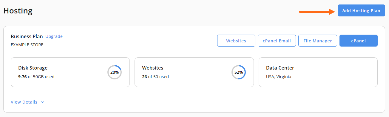 Customer Portal - Hosting tab - Buy More Hosting Packages button