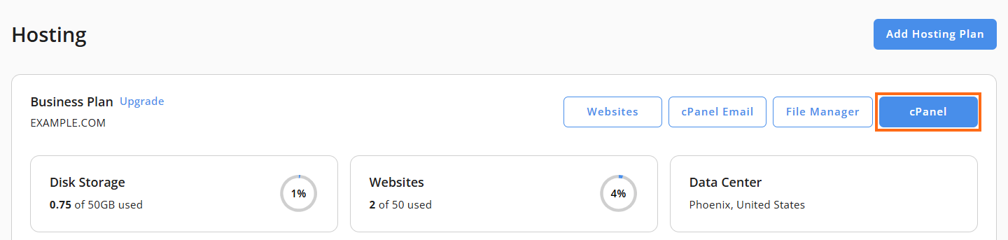 Customer Portal - Hosting tab - cPanel